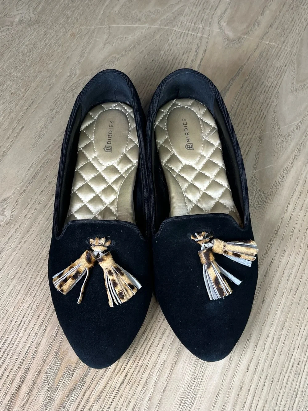 Birdies The Blackbird Black Velvet Leopard Tassel Loafers Women’s Size 8